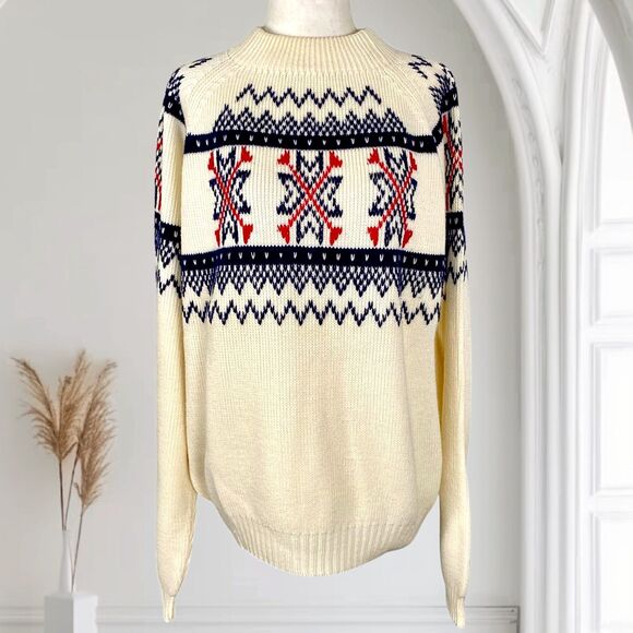 Vintage Nostalgia Chunky Cream White Snowflake Norwegian Knit Sweater XL - Picture 1 of 7